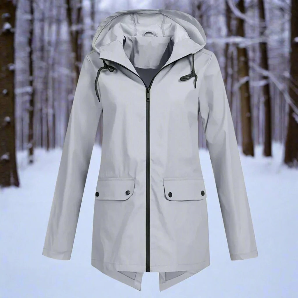 Gray Women's Waterproof Rain Coat — Amara Polyester Hooded Zip-Pocket - Front Flat Forest