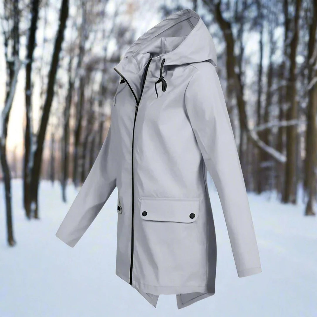 Gray Women's Waterproof Rain Coat — Amara Polyester Hooded Zip-Pocket - Side Profile Path