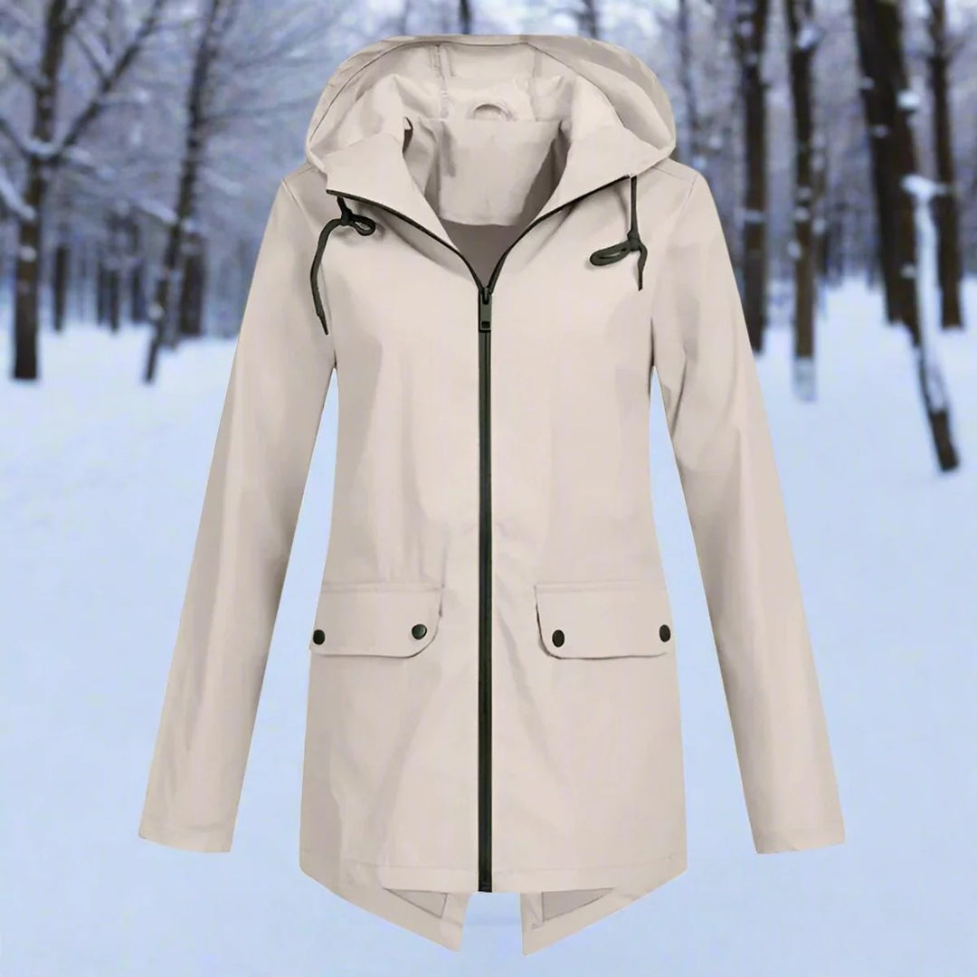 Orange Women's Waterproof Rain Coat — Amara Polyester Hooded Zip-Pocket - Front Flat Treeline