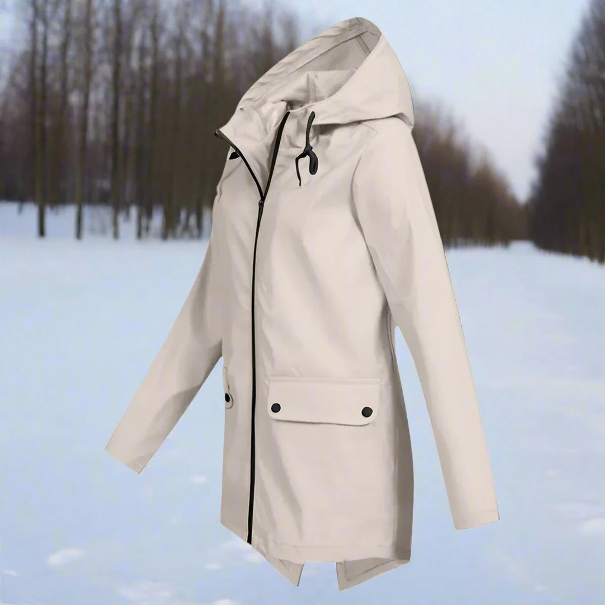 Orange Women's Waterproof Rain Coat — Amara Polyester Hooded Zip-Pocket - Side Profile Hood Up