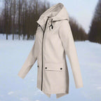 Orange Women's Waterproof Rain Coat — Amara Polyester Hooded Zip-Pocket - Side Profile Hood Up