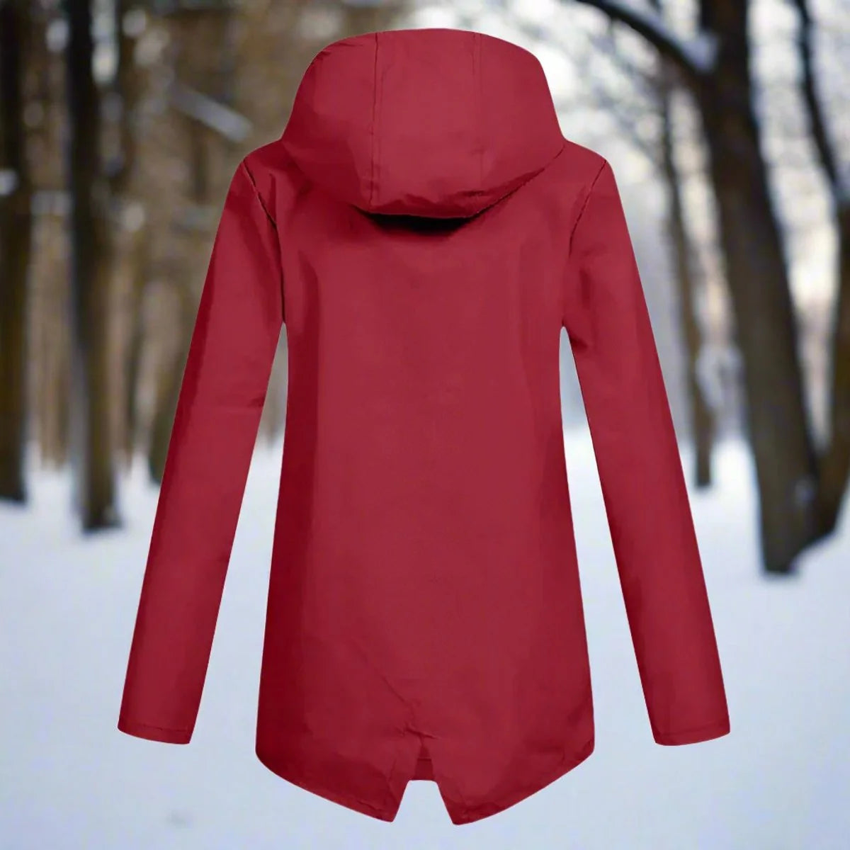 Red Women's Waterproof Rain Coat — Amara Polyester Hooded Zip-Pocket - Back View Closeup