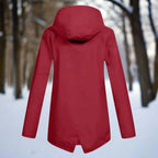 Red Women's Waterproof Rain Coat — Amara Polyester Hooded Zip-Pocket - Back View Closeup