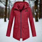 Red Women's Waterproof Rain Coat — Amara Polyester Hooded Zip-Pocket - Front Flat Plain