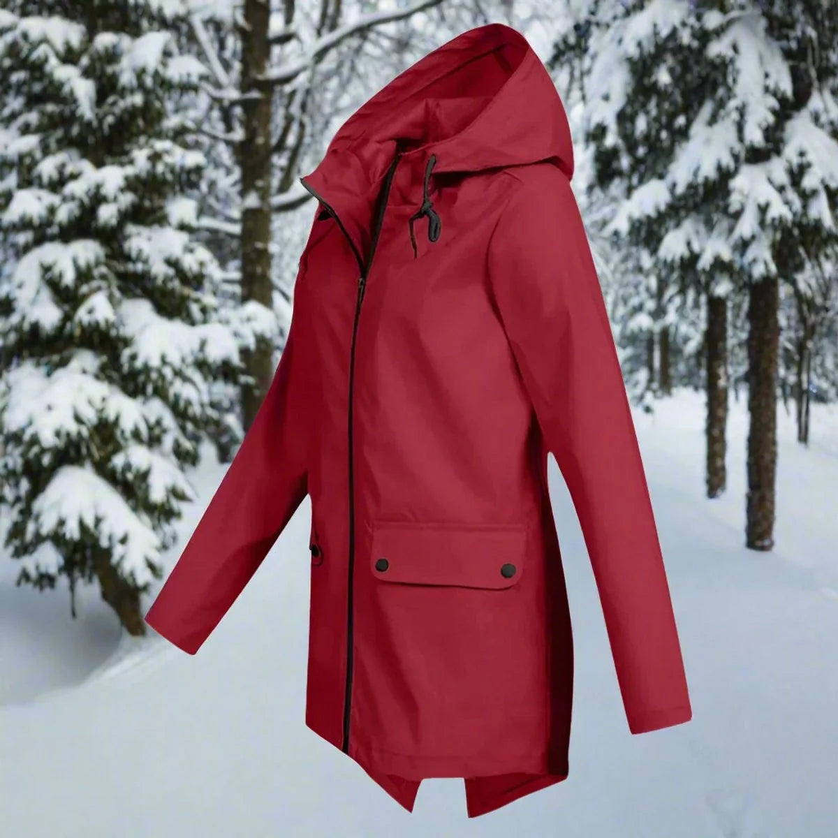 Red Women's Waterproof Rain Coat — Amara Polyester Hooded Zip-Pocket - Side Profile Pine