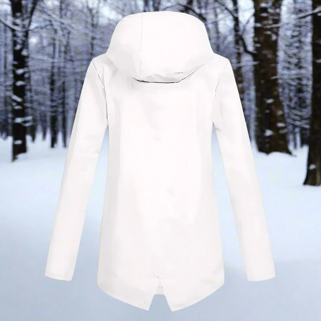 White Women's Waterproof Rain Coat — Amara Polyester Hooded Zip-Pocket - Back View Plain