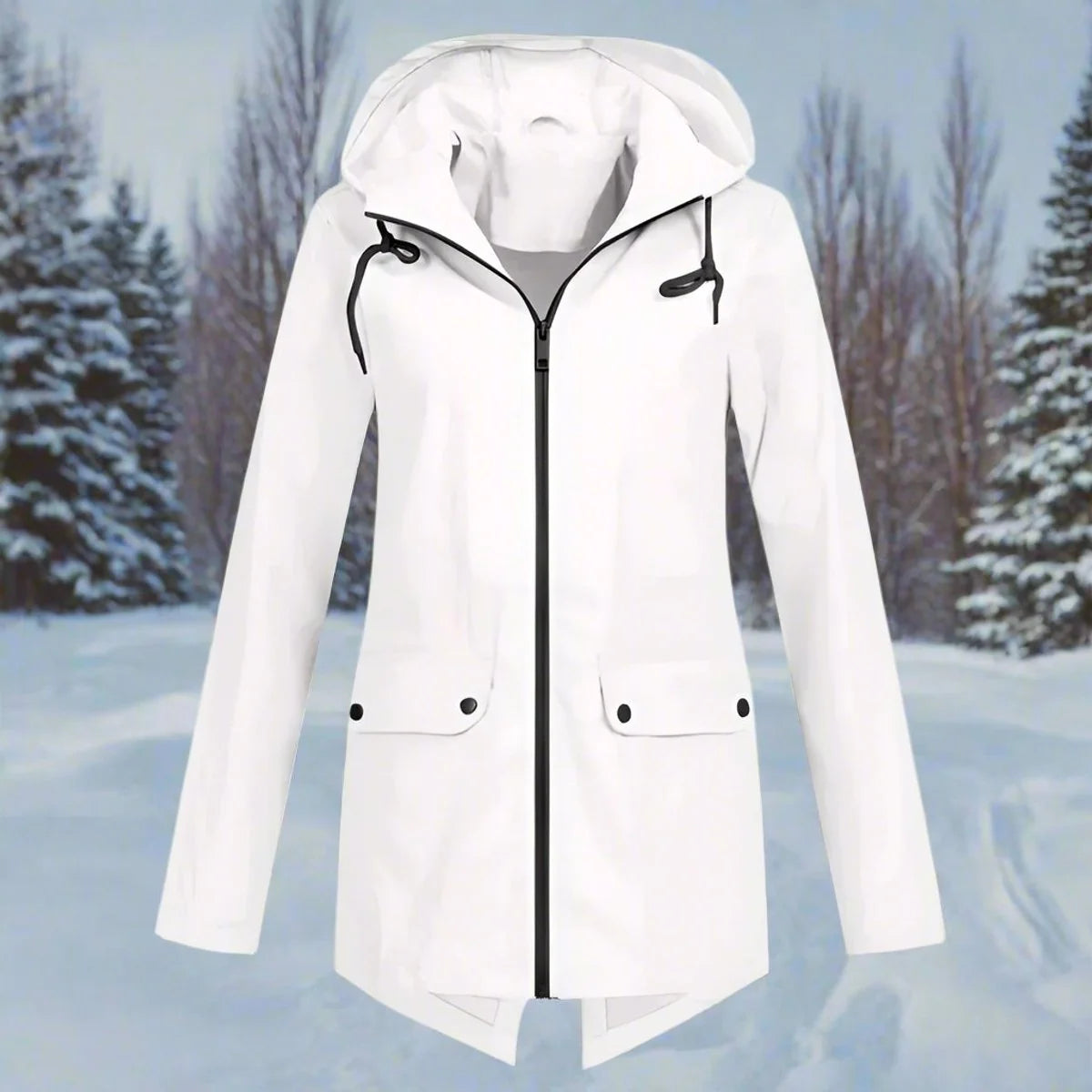 White Women's Waterproof Rain Coat — Amara Polyester Hooded Zip-Pocket - Front Flat Pine