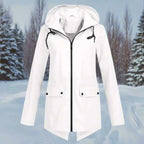 White Women's Waterproof Rain Coat — Amara Polyester Hooded Zip-Pocket - Front Flat Pine