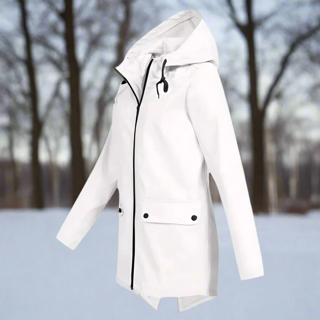 White Women's Waterproof Rain Coat — Amara Polyester Hooded Zip-Pocket - Side Profile Forest