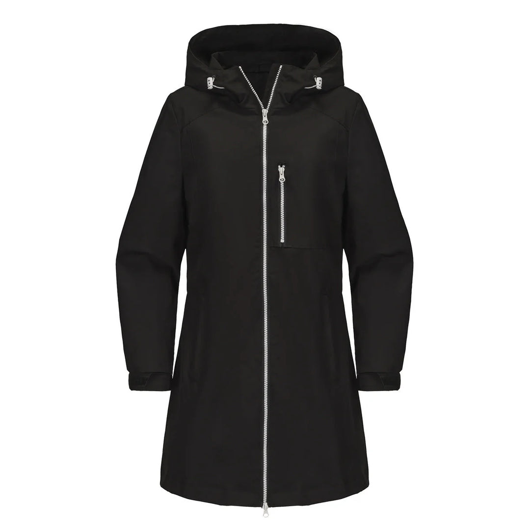 Black Women's Waterproof Rain Jacket — Quinn Longline Hooded Two-Way Zip - Studio Front