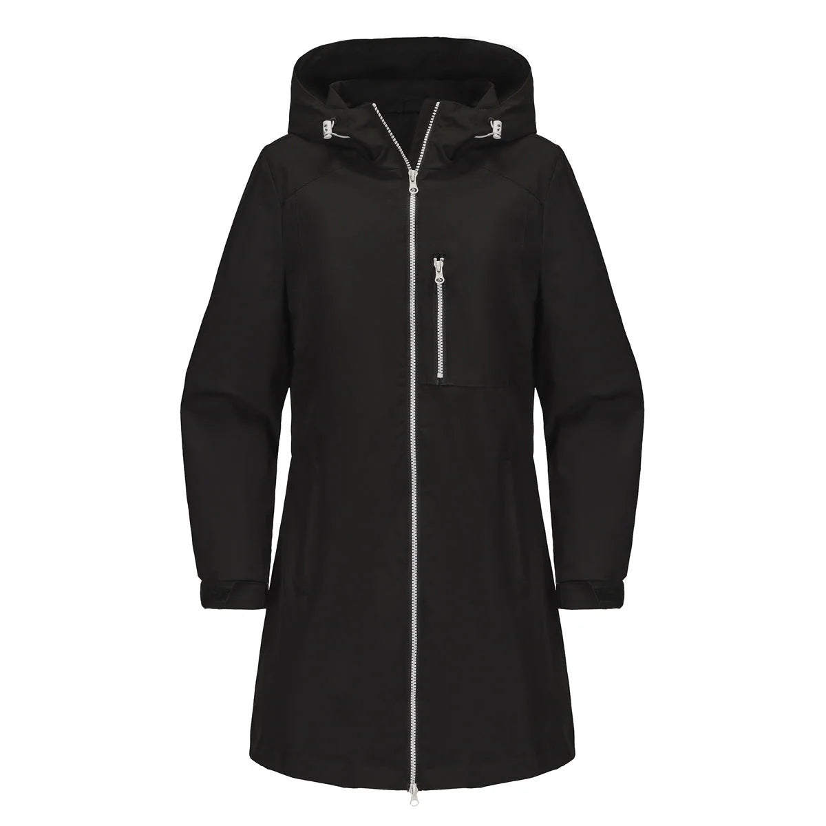 Black Women's Waterproof Rain Jacket — Quinn Longline Hooded Two-Way Zip - Studio Front