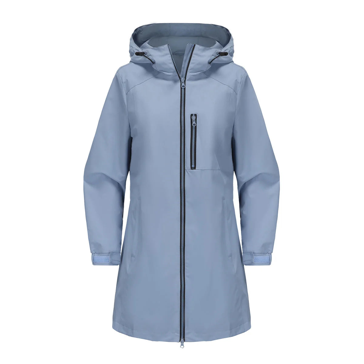 Blue Women's Waterproof Rain Jacket — Quinn Longline Hooded Two-Way Zip - Studio Lightblue Front