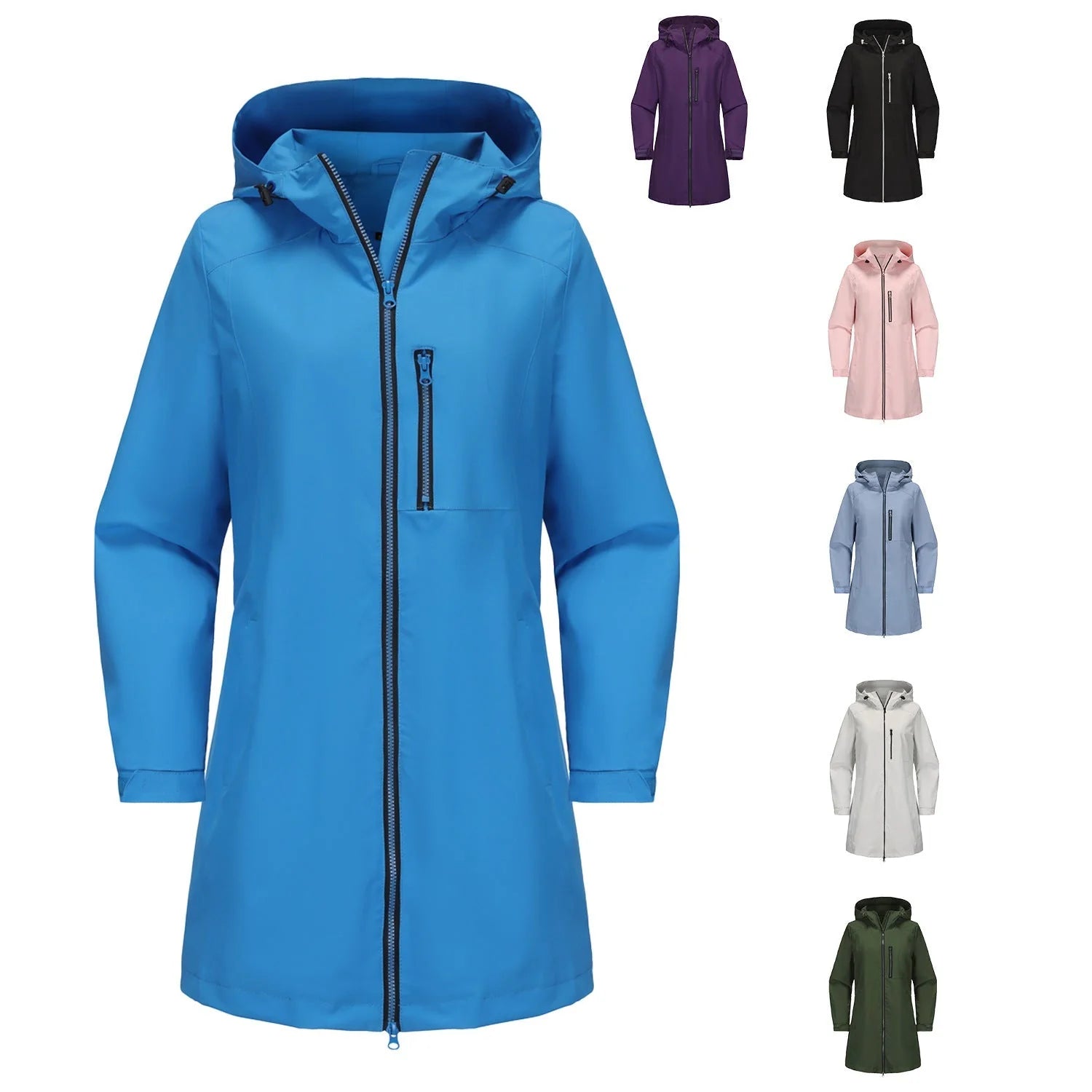Buntblau Women's Waterproof Rain Jacket — Quinn Longline Hooded Two-Way Zip - Front Flat With Swatches
