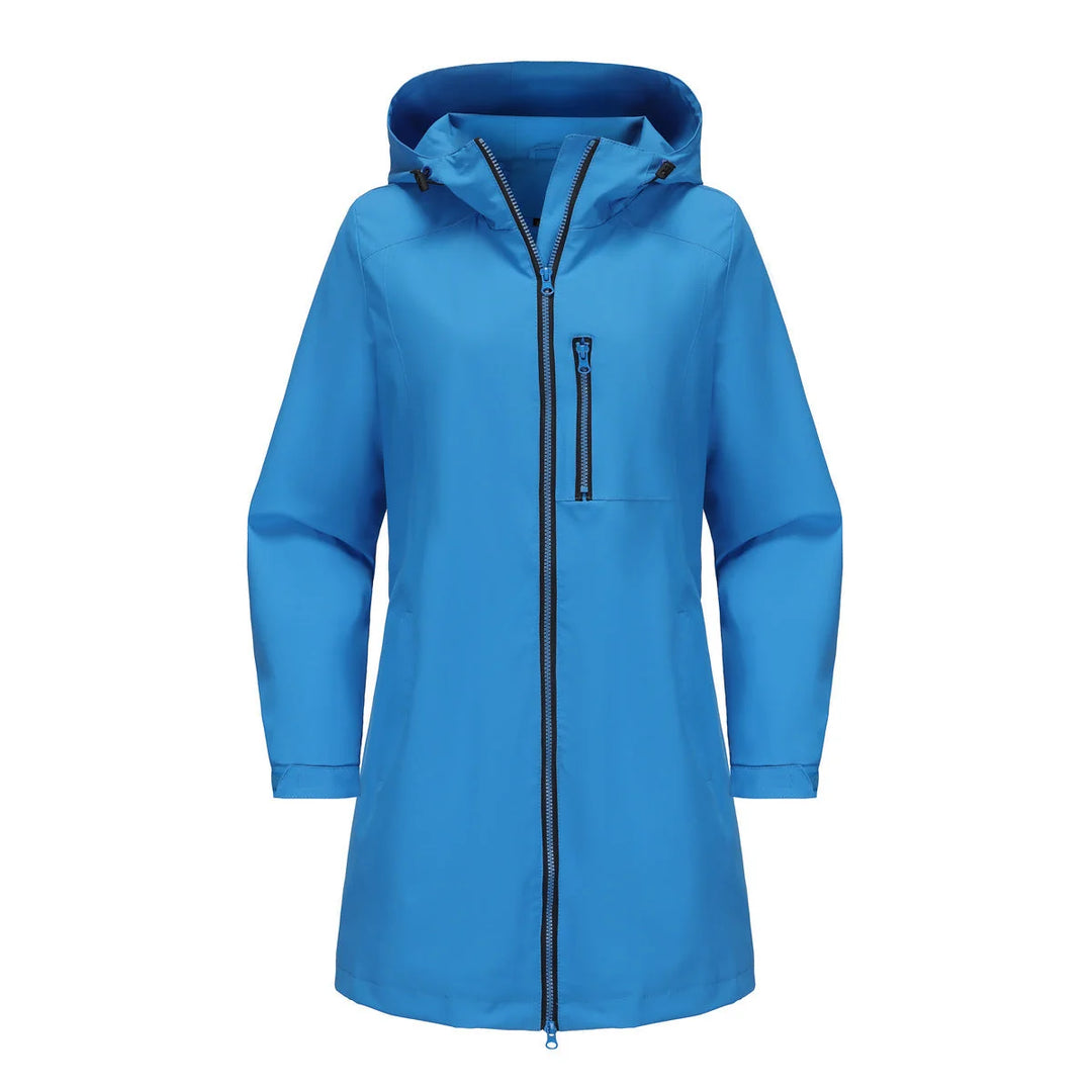 Buntblau Women's Waterproof Rain Jacket — Quinn Longline Hooded Two-Way Zip - Studio Blue Front