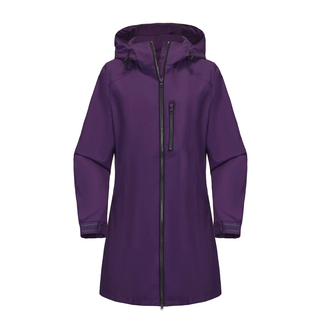 Dunkelviolett Women's Waterproof Rain Jacket — Quinn Longline Hooded Two-Way Zip - Studio Purple Front