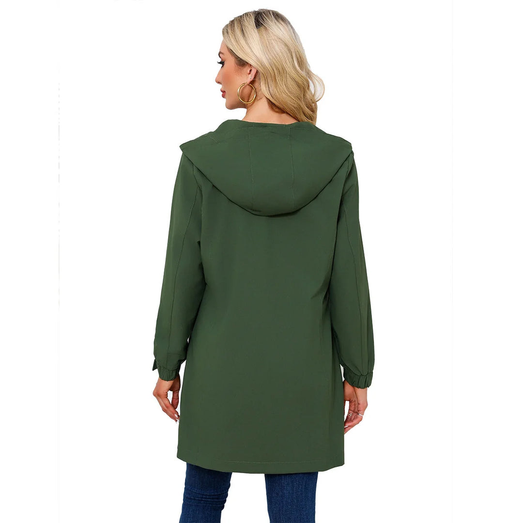 Militrgrn Women's Waterproof Rain Jacket — Quinn Longline Hooded Two-Way Zip - Back Full Worn