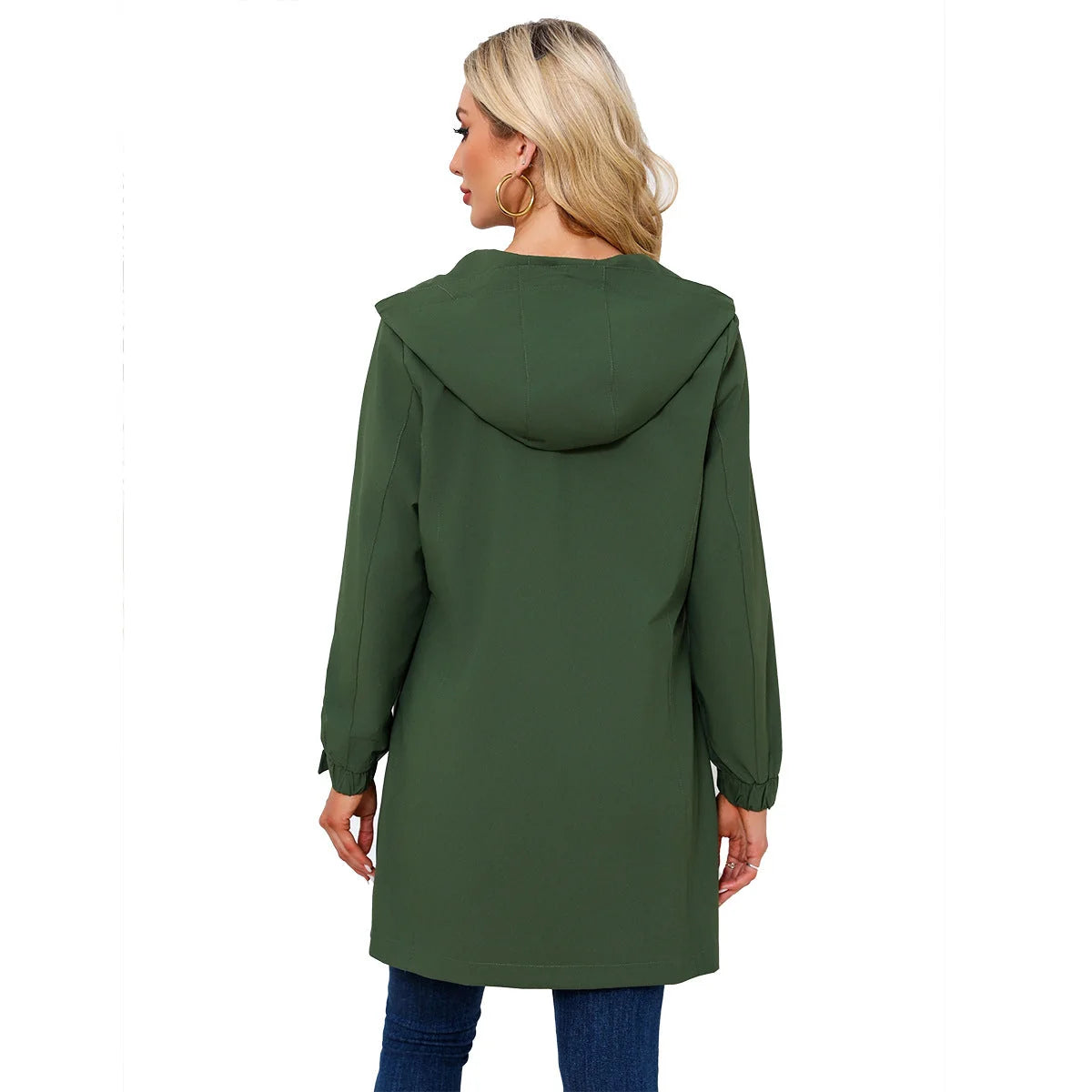 Militrgrn Women's Waterproof Rain Jacket — Quinn Longline Hooded Two-Way Zip - Back Full Worn