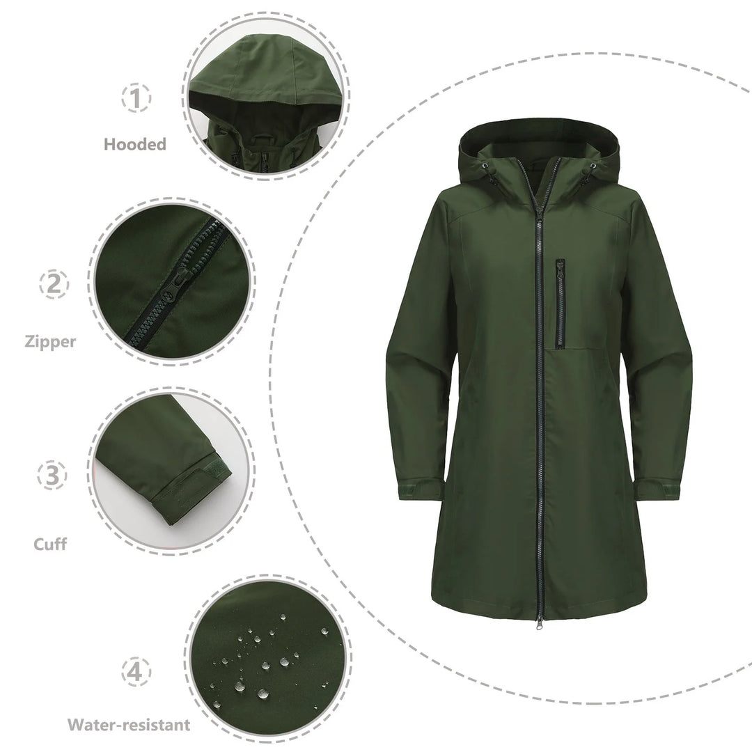 Militrgrn Women's Waterproof Rain Jacket — Quinn Longline Hooded Two-Way Zip - Detail Callouts