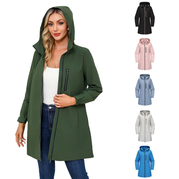 Women's Waterproof Rain Jacket — Quinn Longline Hooded Two-Way Zip