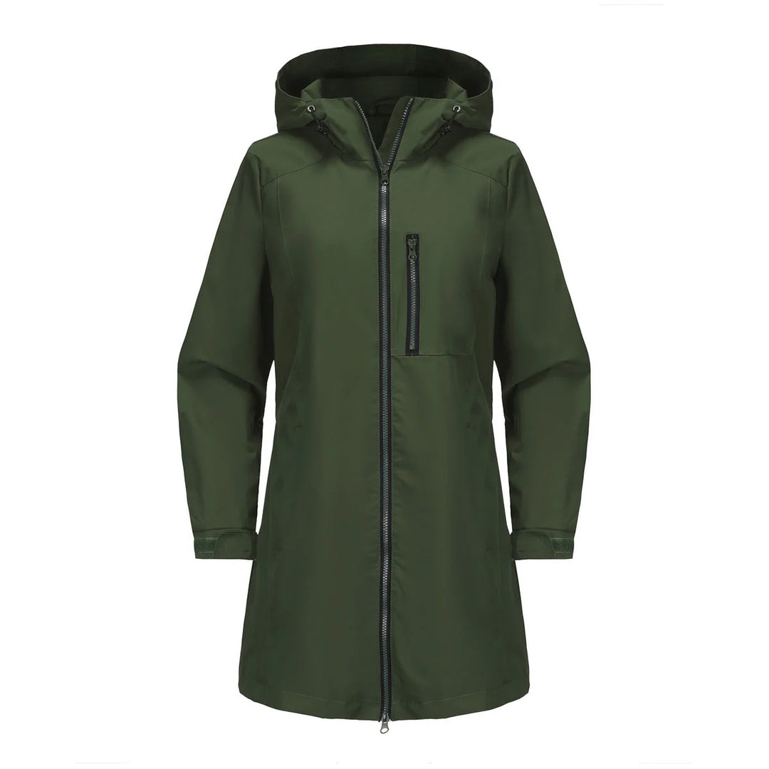 Militrgrn Women's Waterproof Rain Jacket — Quinn Longline Hooded Two-Way Zip - Studio Green Front