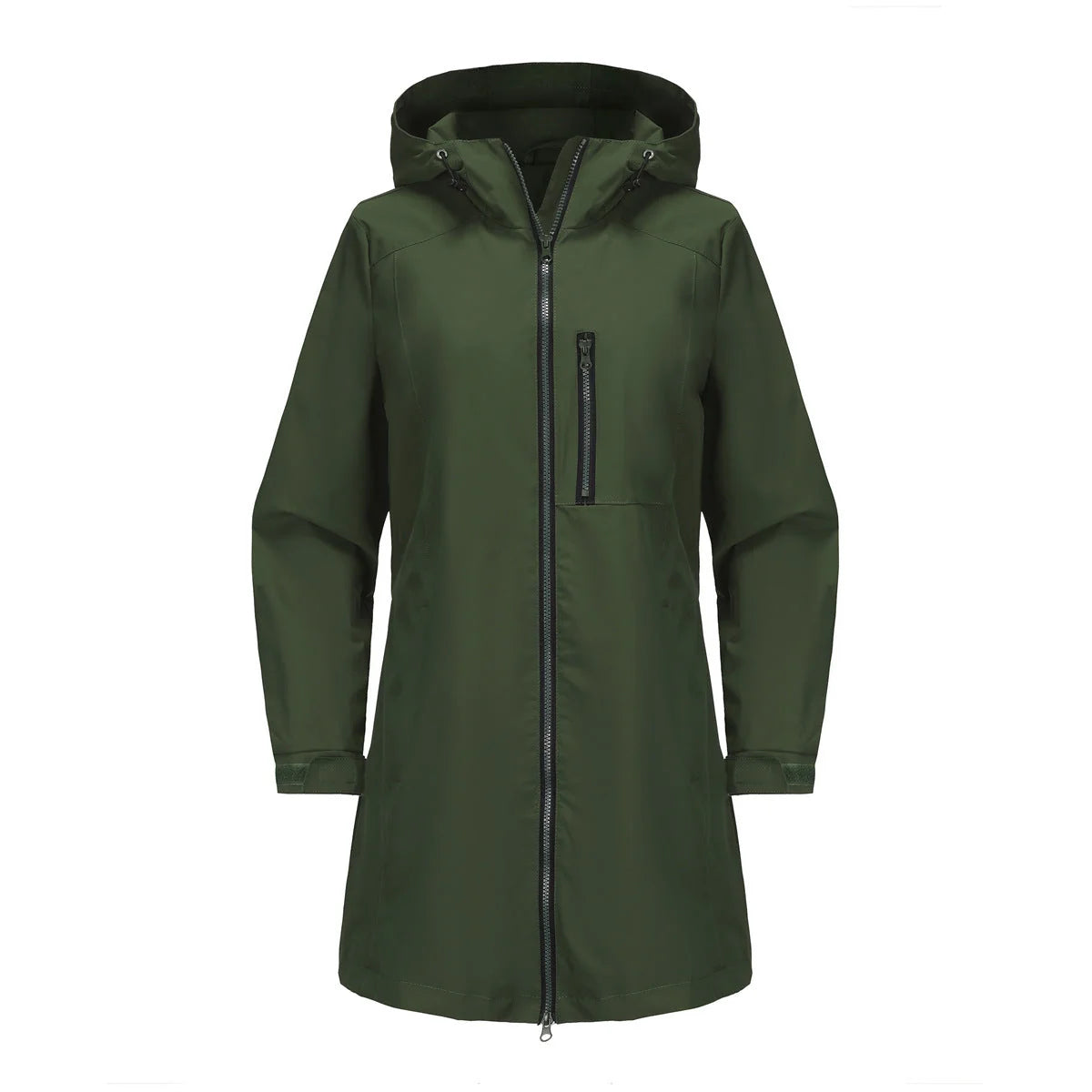 Militrgrn Women's Waterproof Rain Jacket — Quinn Longline Hooded Two-Way Zip - Studio Green Front