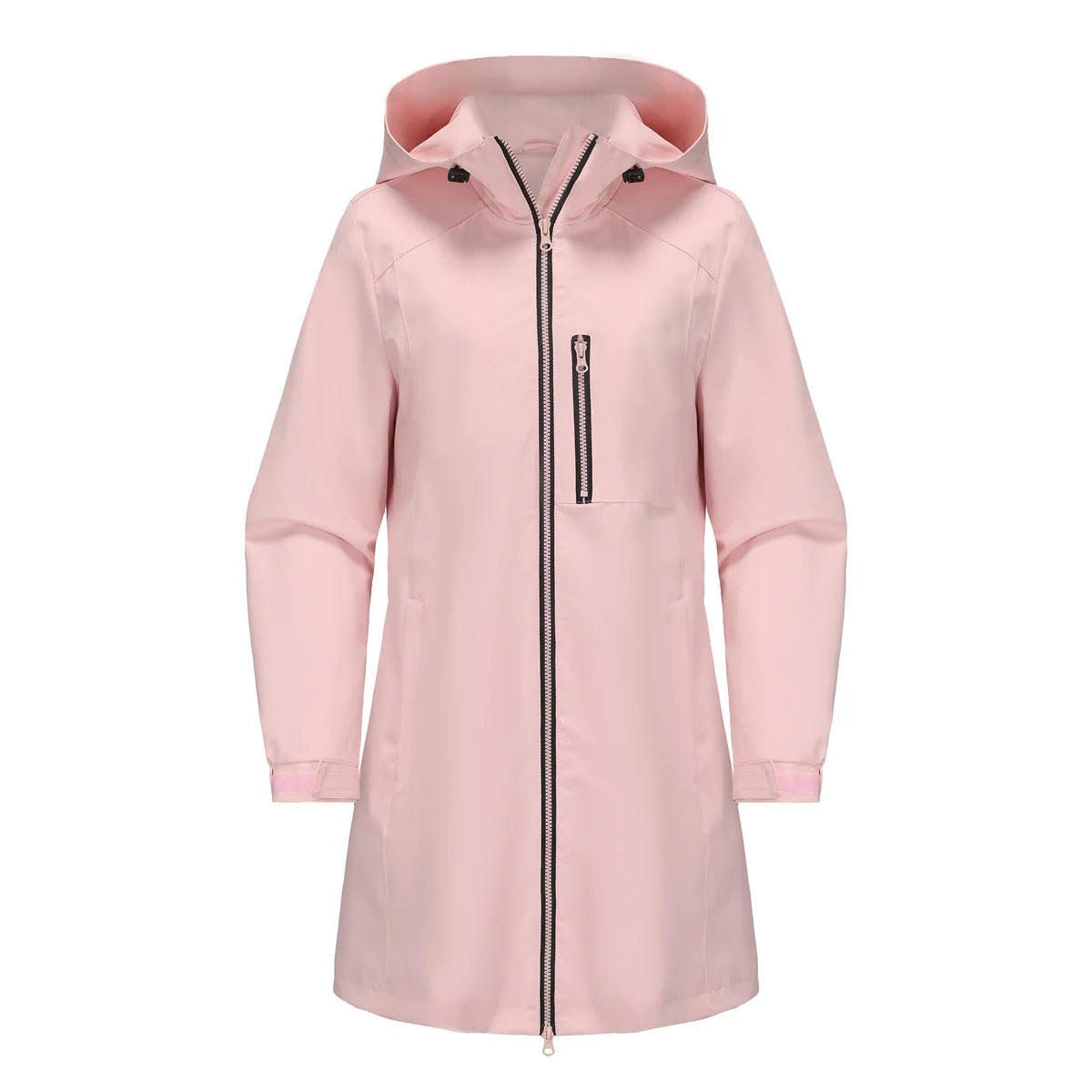 Pink Women's Waterproof Rain Jacket — Quinn Longline Hooded Two-Way Zip - Studio Front