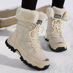 Beige Women's Waterproof Winter Boots with Faux Fur Trim & Lace-Up Design