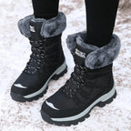 Black Women's Waterproof Winter Boots with Faux Fur Trim & Lace-Up Design
