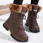 Brown Women's Waterproof Winter Boots with Faux Fur Trim & Lace-Up Design