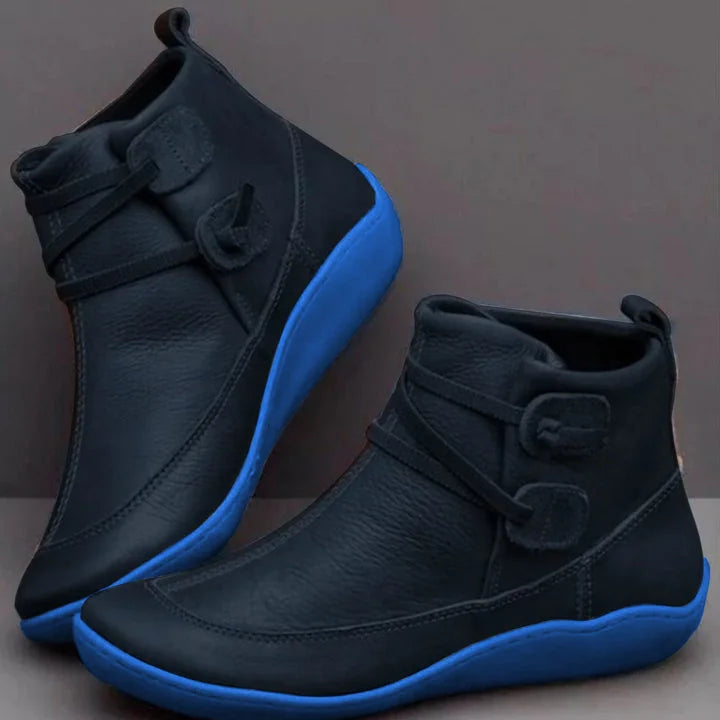 Blue Women's Flat Ankle Boots — Carolina Leather Buckle Waterproof - Side Pair Dark Display