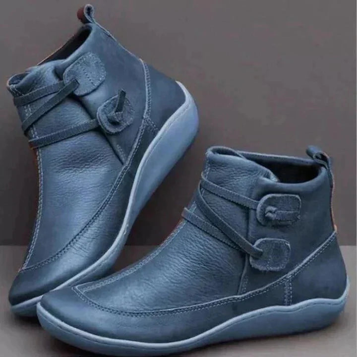 Blue Women's Flat Ankle Boots — Carolina Leather Buckle Waterproof - Side Pair Display
