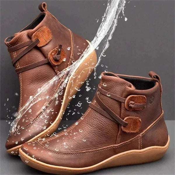 Brown Women's Flat Ankle Boots — Carolina Leather Buckle Waterproof - Water Splash Side Pair