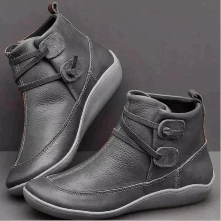 Gray Women's Flat Ankle Boots — Carolina Leather Buckle Waterproof - Side Pair Display