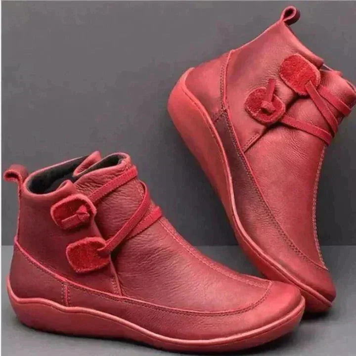 Red Women's Flat Ankle Boots — Carolina Leather Buckle Waterproof - Side Pair Display