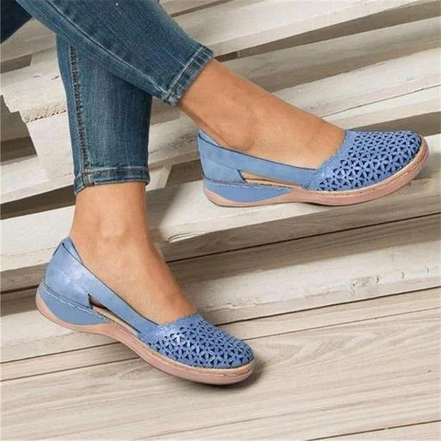 Blue Women's Casual Wedge Flats — Tessa Faux Leather Cut-Out Slip-On - Outdoor Stairs