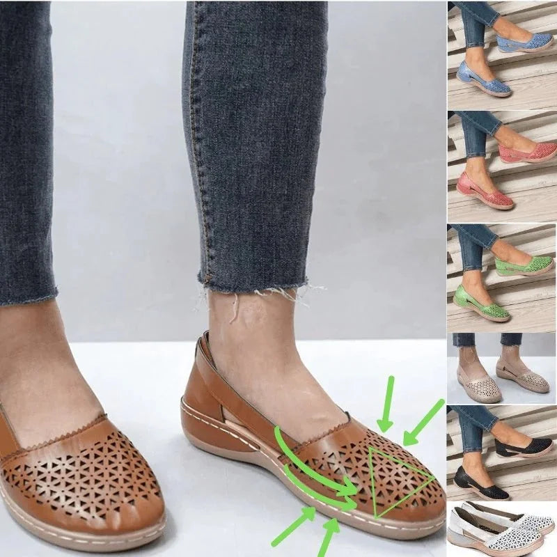 Brown Women's Casual Wedge Flats — Tessa Faux Leather Cut-Out Slip-On - Detail Callout