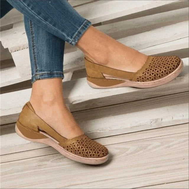 Brown Women's Casual Wedge Flats — Tessa Faux Leather Cut-Out Slip-On - Front View
