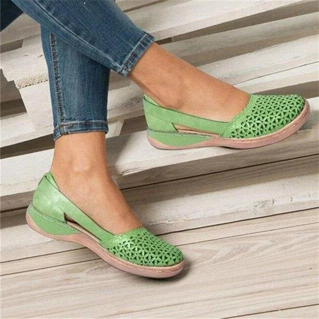 Green Women's Casual Wedge Flats — Tessa Faux Leather Cut-Out Slip-On - Front Full