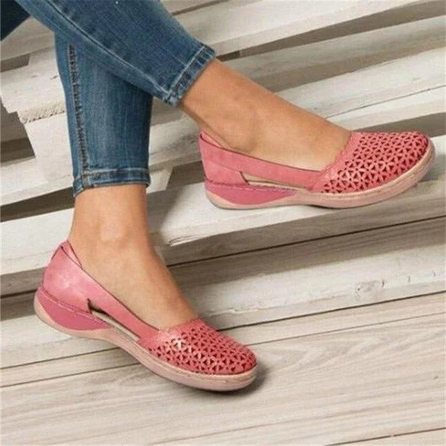Rose Women's Casual Wedge Flats — Tessa Faux Leather Cut-Out Slip-On - Side Angle