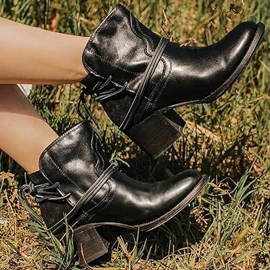 Black Women's Western Cowboy Boots — Olivia Lace-Up Block Heel Ankle - Outdoor Grass Pose