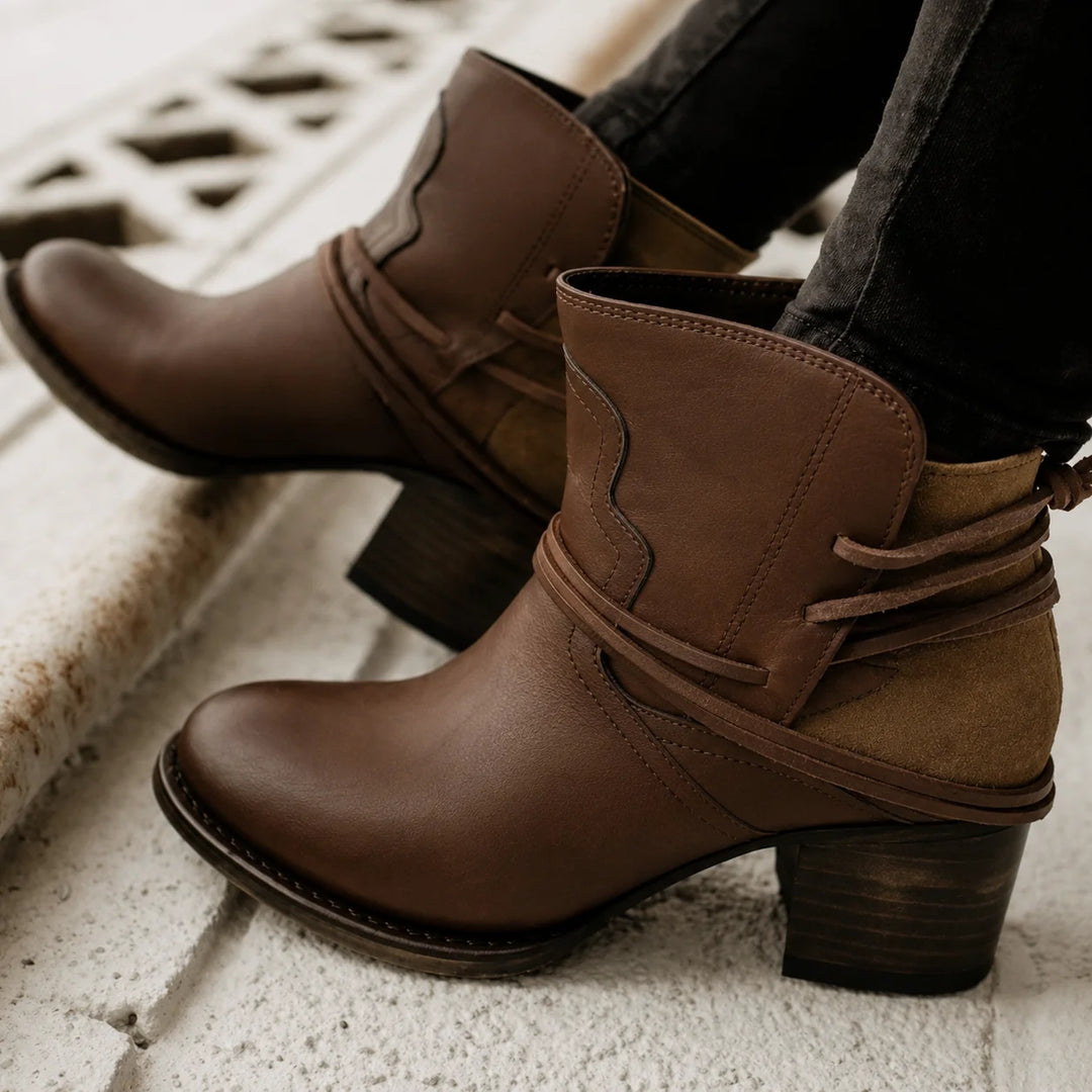 Brown Women's Western Cowboy Boots — Olivia Lace-Up Block Heel Ankle - Close Up Heel Detail