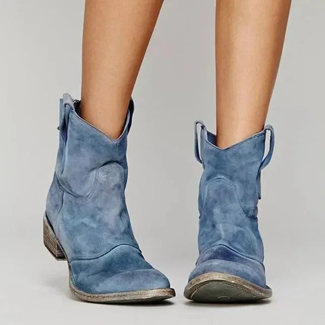 Blue Women's Western Cowboy Boots — Yara Cushioned Block Heel Pull-Tabs - Front Studio Pose