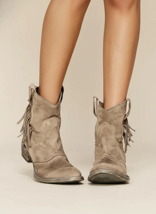 Brown Women's Western Cowboy Boots — Yara Cushioned Block Heel Pull-Tabs - Front Full Fringe