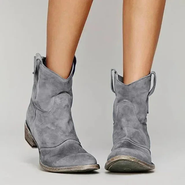 Gray Women's Western Cowboy Boots — Yara Cushioned Block Heel Pull-Tabs - Front Studio Close
