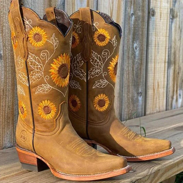 Khaki Women's Western Vintage Cowboy Boots — Dora Cushioned Embroidered Sunflower - Front Full