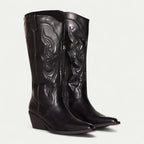 Black Women's Western Cowboy Boots — Halle Pointed-Toe Embroidered Block Heel - Front Pair Angle