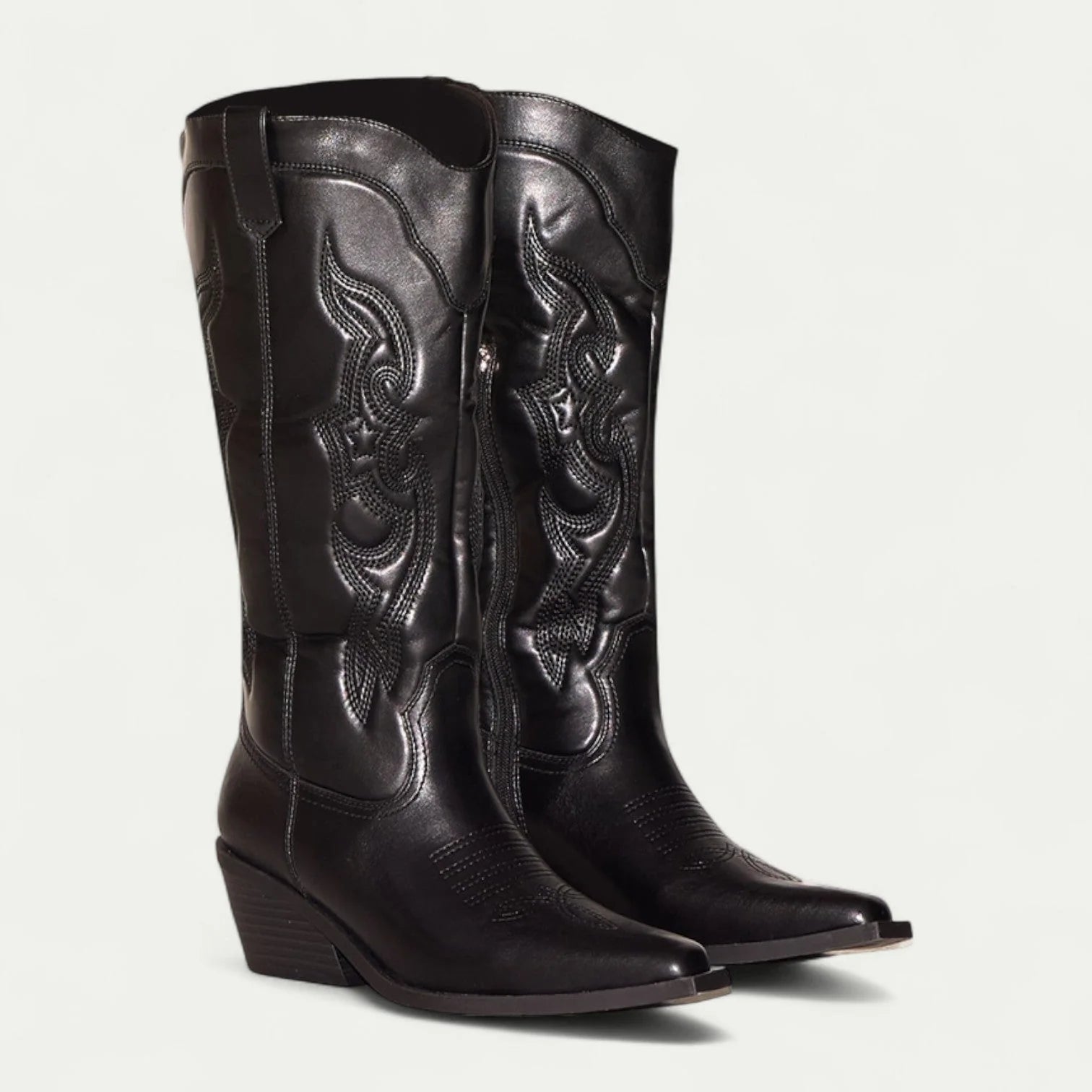 Black Women's Western Cowboy Boots — Halle Pointed-Toe Embroidered Block Heel - Front Pair Angle