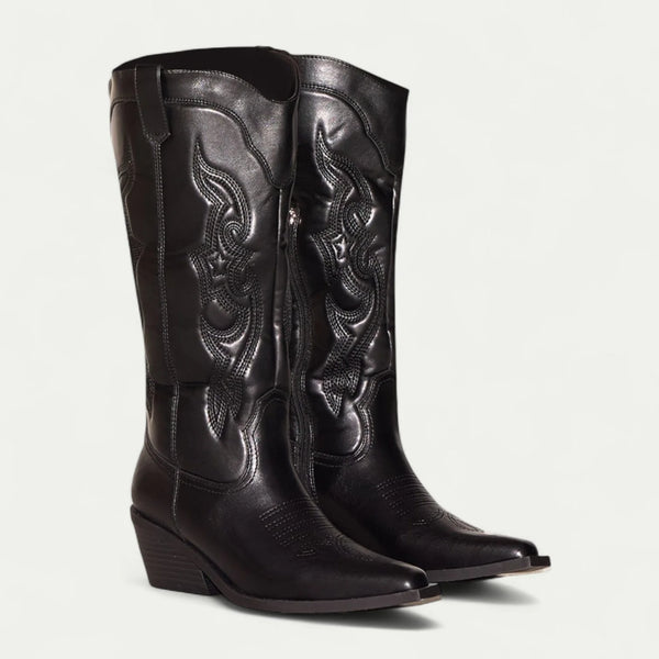 Black Women's Western Cowboy Boots — Halle Pointed-Toe Embroidered Block Heel - Front Pair Angle