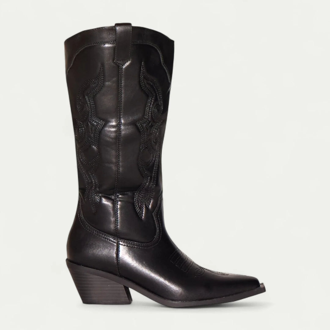 Black Women's Western Cowboy Boots — Halle Pointed-Toe Embroidered Block Heel - Side Profile