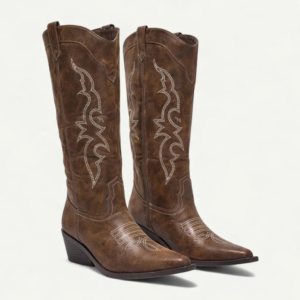 Brown Women's Western Cowboy Boots — Halle Pointed-Toe Embroidered Block Heel - Front Pair Closeup